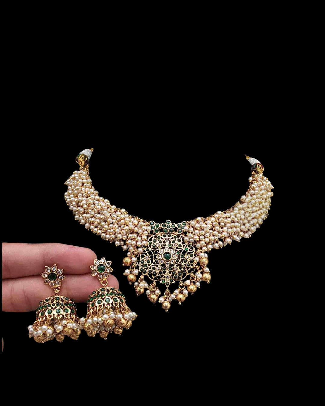 Golden Pearl Jhumka Necklace Set