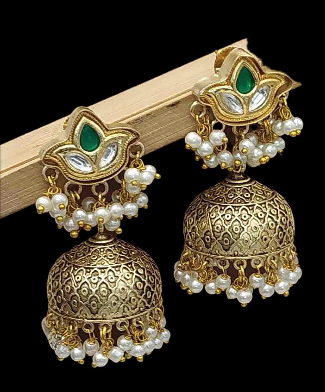 Green Kundan Lotus Jhumka Earrings with Pearl Drops