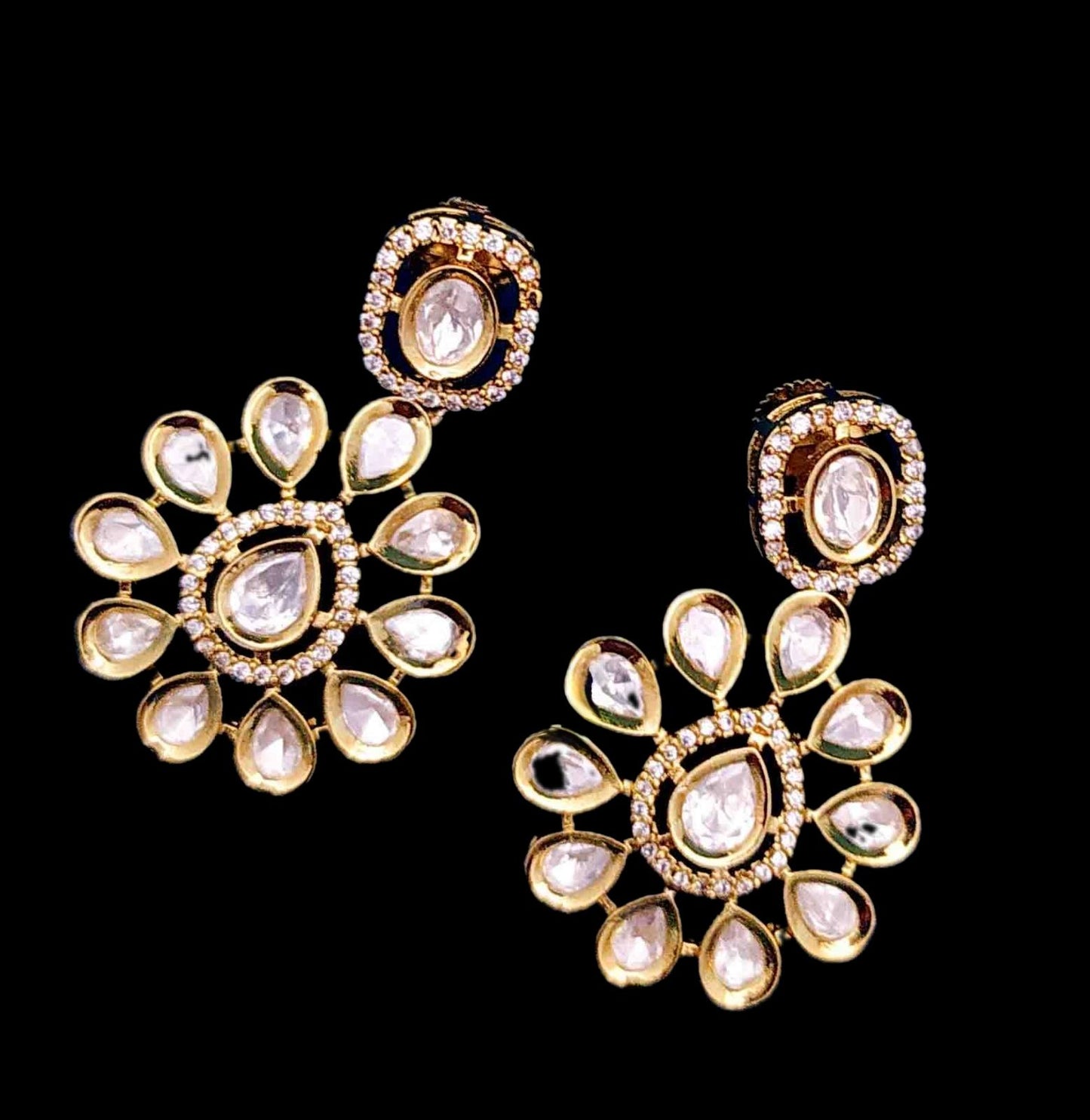 Floral Kundan Drop Earrings with Crystal Accents