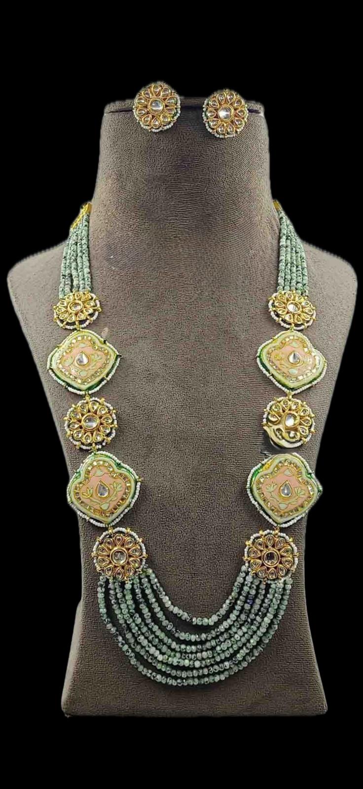 Handcrafted Kundan Meenakari Beaded Long Necklace Set with Stud Earrings