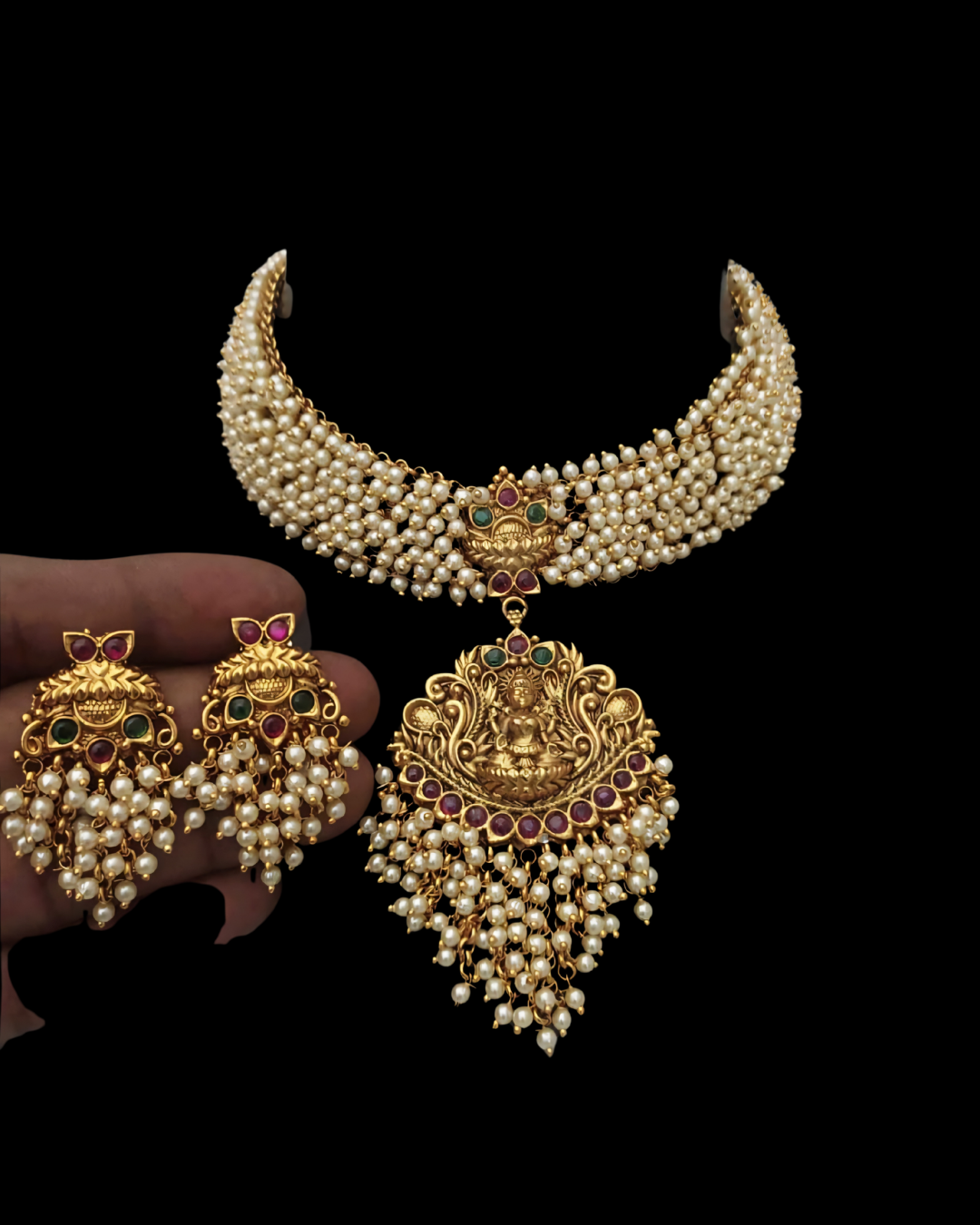 Temple Pearl Choker with Goddess Motif Set