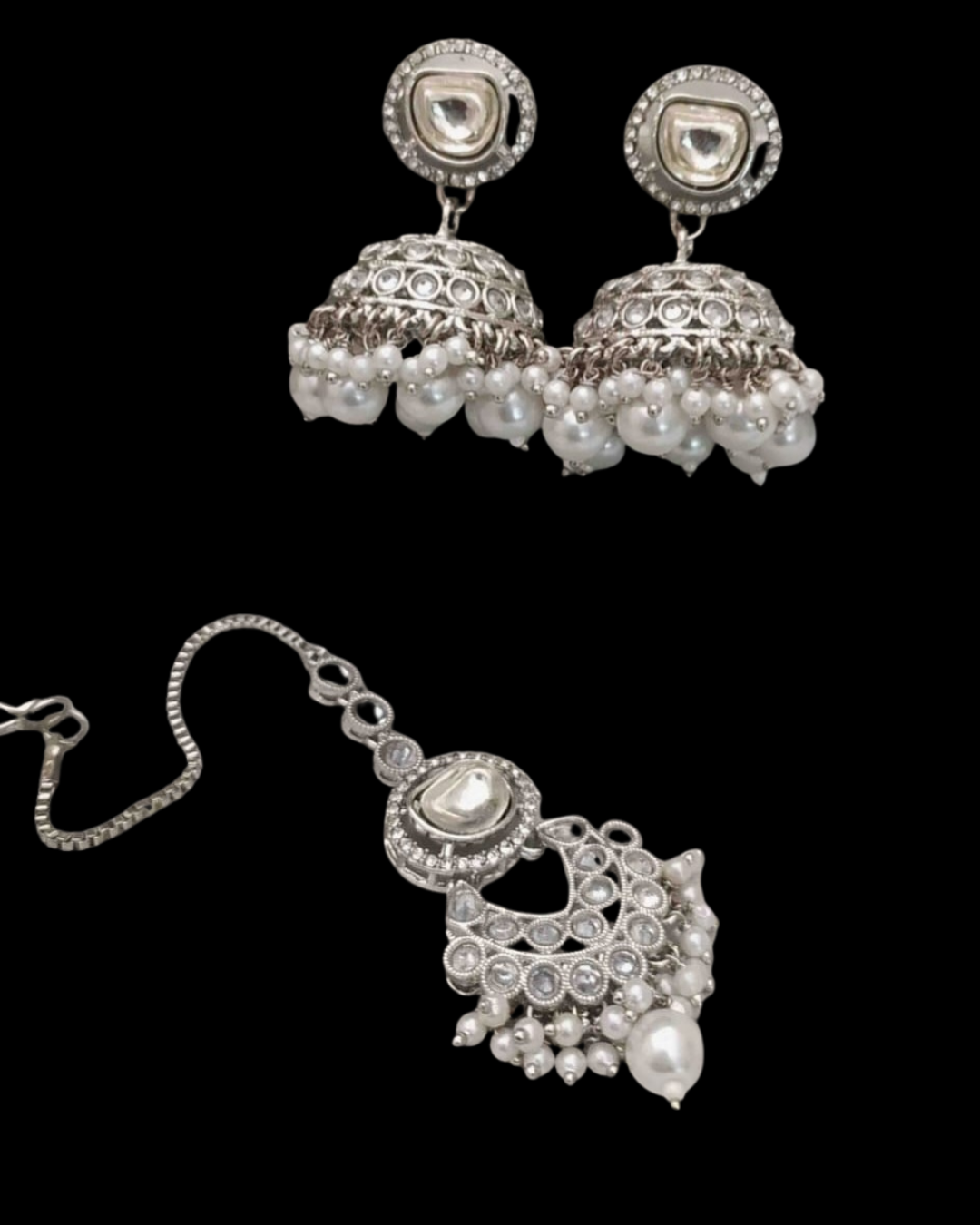 Kundan Pearl Jhumka & Maang Tikka Set