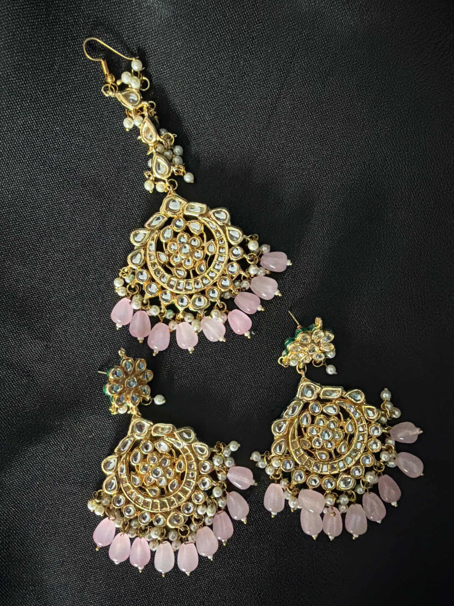 Traditional Kundan Pearl Chandbali Earrings and Tikka