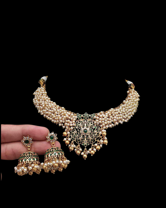 Golden Pearl Jhumka Necklace Set