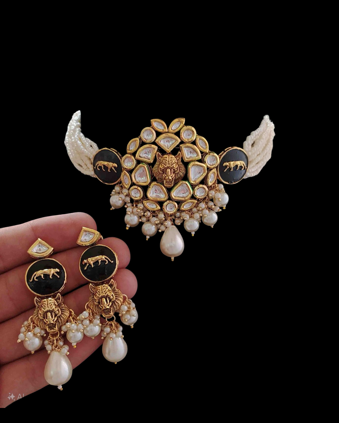 Regal panther Kundan Pearl Choker Set