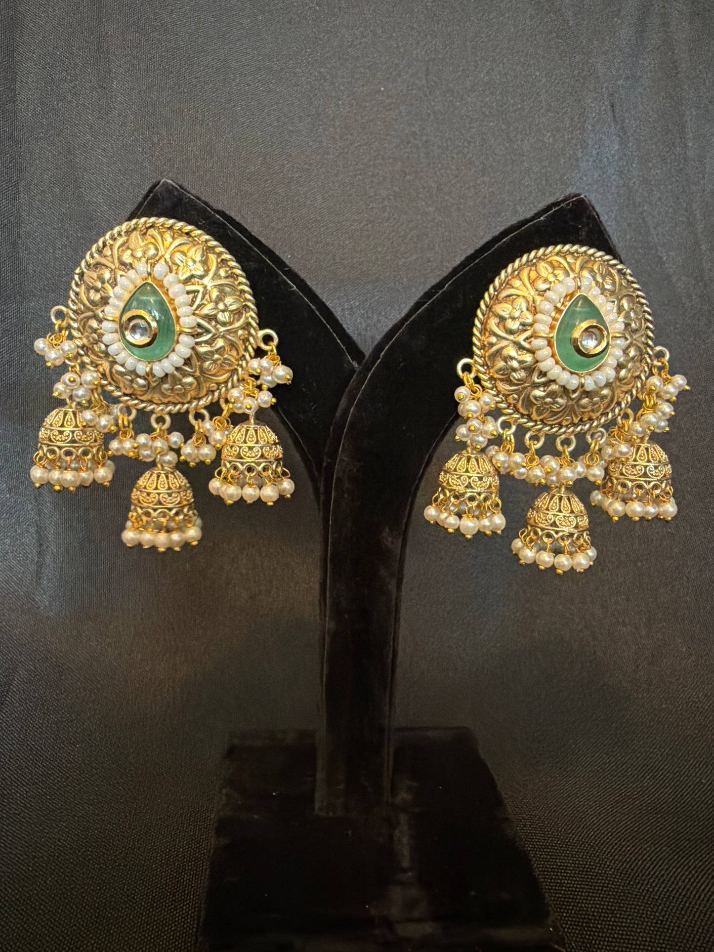 . Antique Gold Jhumka Earrings with Pearl Clusters
