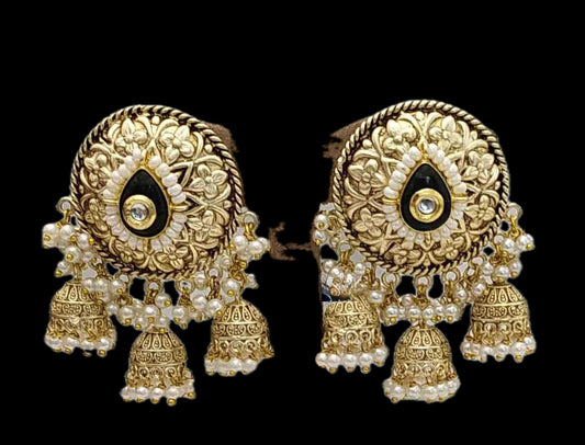 . Antique Gold Jhumka Earrings with Pearl Clusters