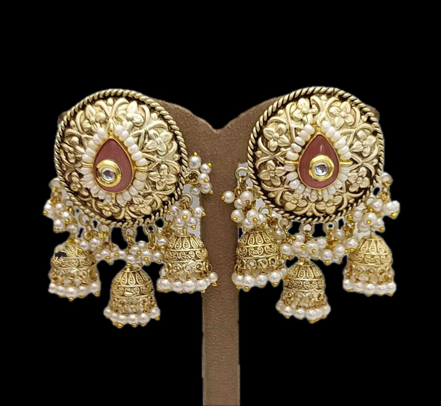 . Antique Gold Jhumka Earrings with Pearl Clusters
