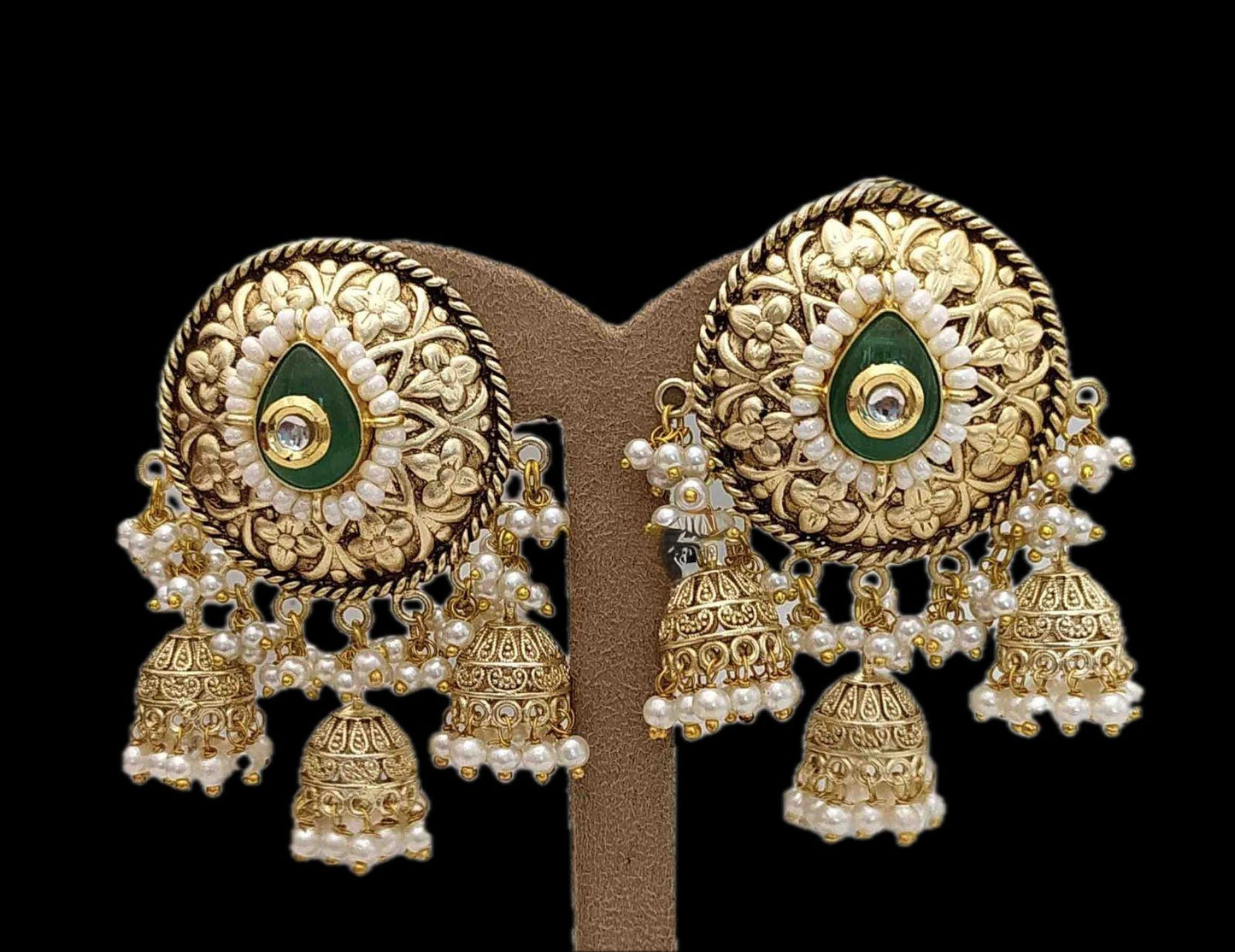 . Antique Gold Jhumka Earrings with Pearl Clusters