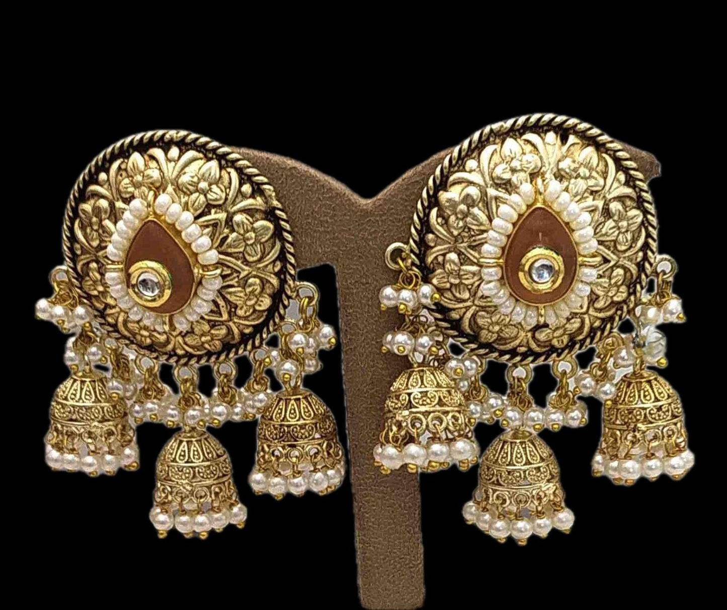 . Antique Gold Jhumka Earrings with Pearl Clusters