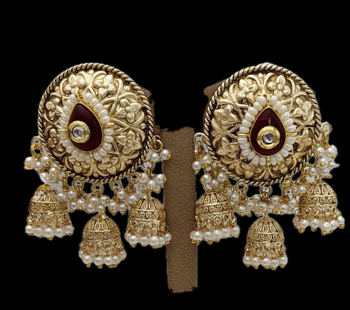 . Antique Gold Jhumka Earrings with Pearl Clusters