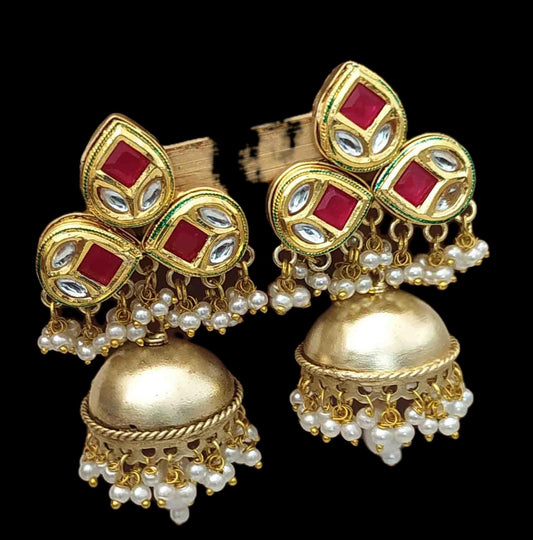 Kundan Jhumka Earrings with Pearl Drops