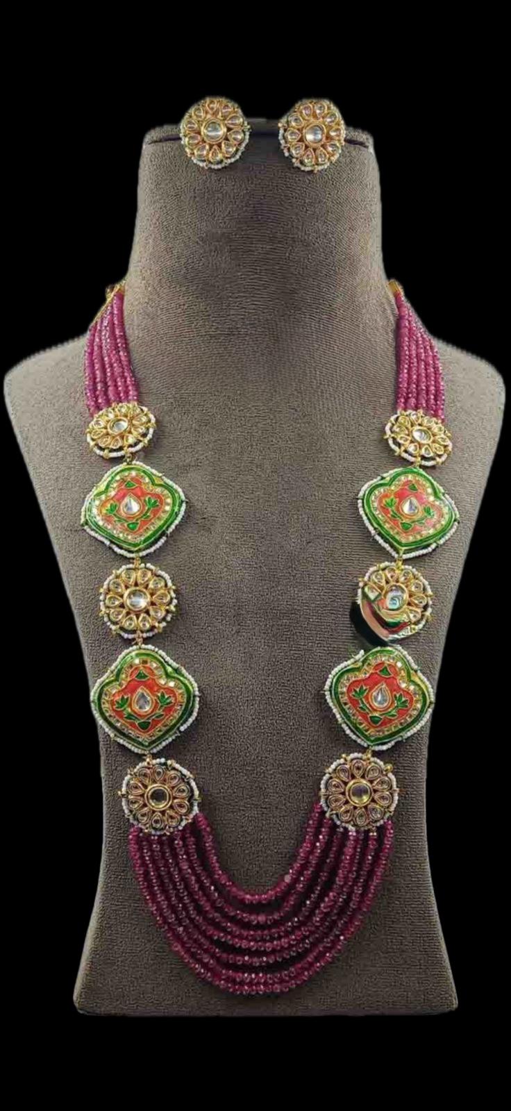 Handcrafted Kundan Meenakari Beaded Long Necklace Set with Stud Earrings