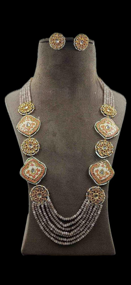 Handcrafted Kundan Meenakari Beaded Long Necklace Set with Stud Earrings