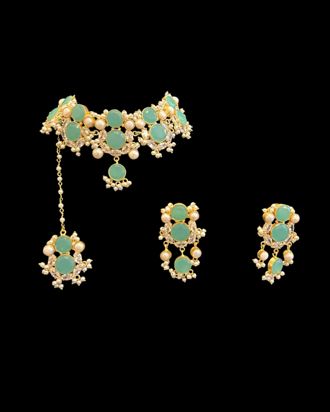 Polki Set with Pearl Drops Earrings and Tikka