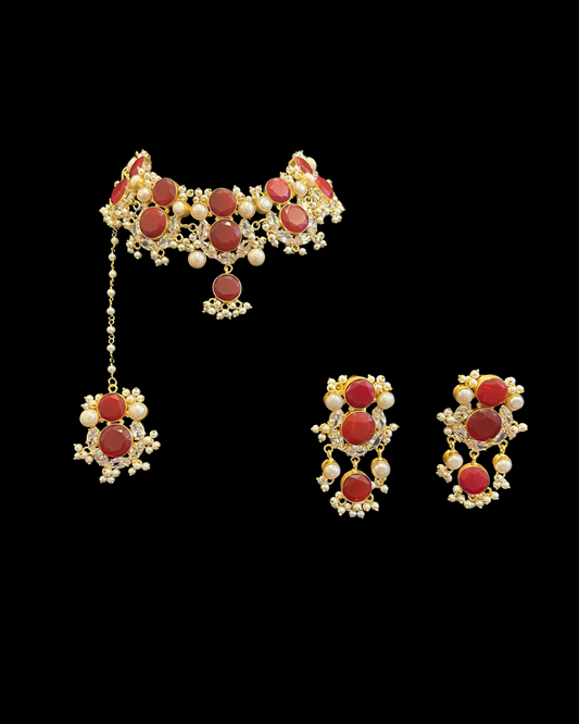 Polki Set with Pearl Drops Earrings and Tikka