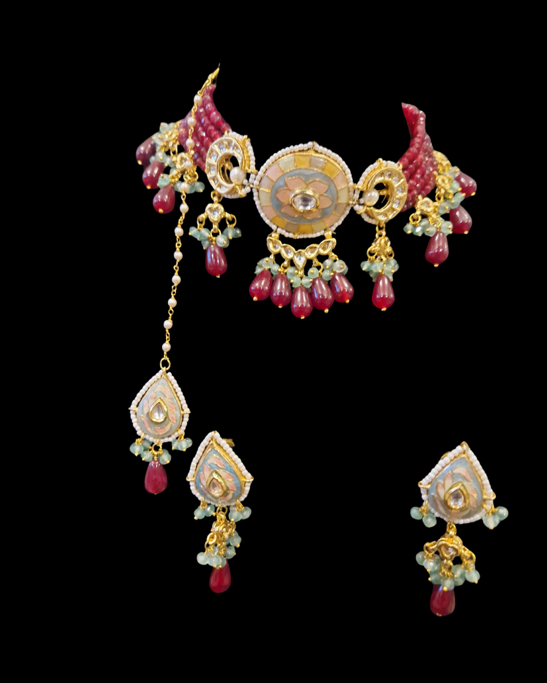 Handcrafted Meenakari Choker Set with Ruby Drops