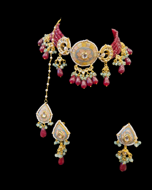 Handcrafted Meenakari Choker Set with Ruby Drops