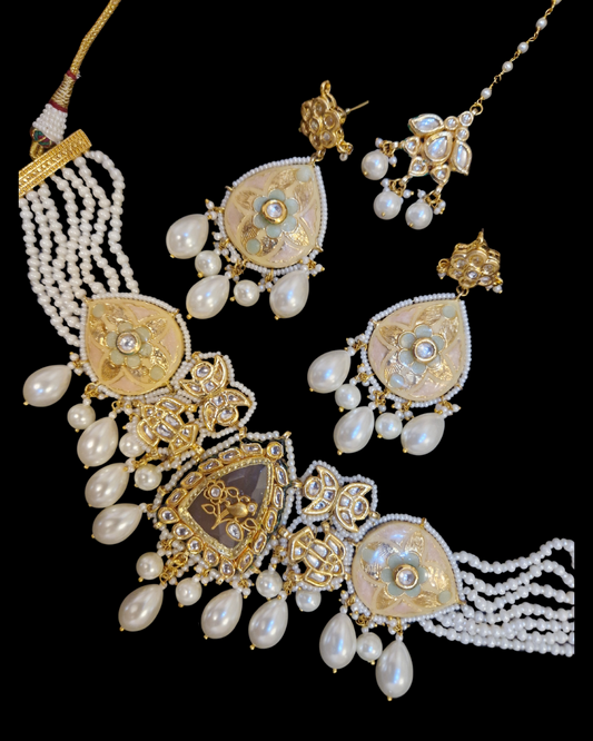 . Ivory Meenakari Kundan Necklace Set with Pearls