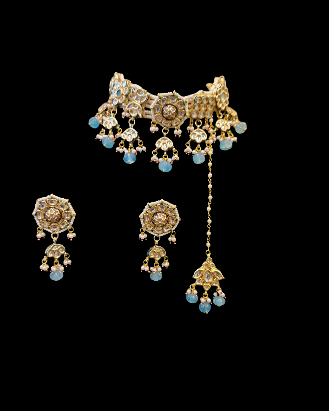 Traditional Kundan Choker Set with Aqua Bead Drops