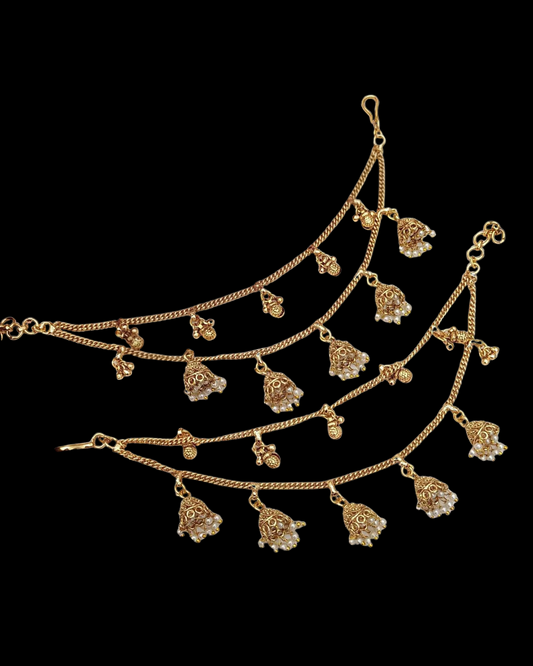 Traditional Gold-Tone Jhumka Ear Chains with Pearl Accents