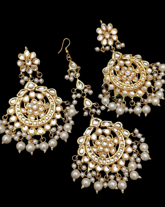 Traditional Kundan Pearl Chandbali Earrings and Tikka