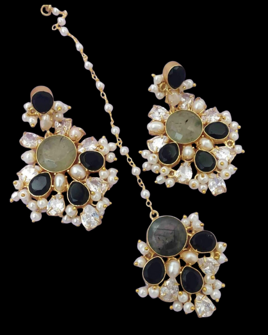 Black Onyx & Pearl Statement Earrings with Matching Tikka