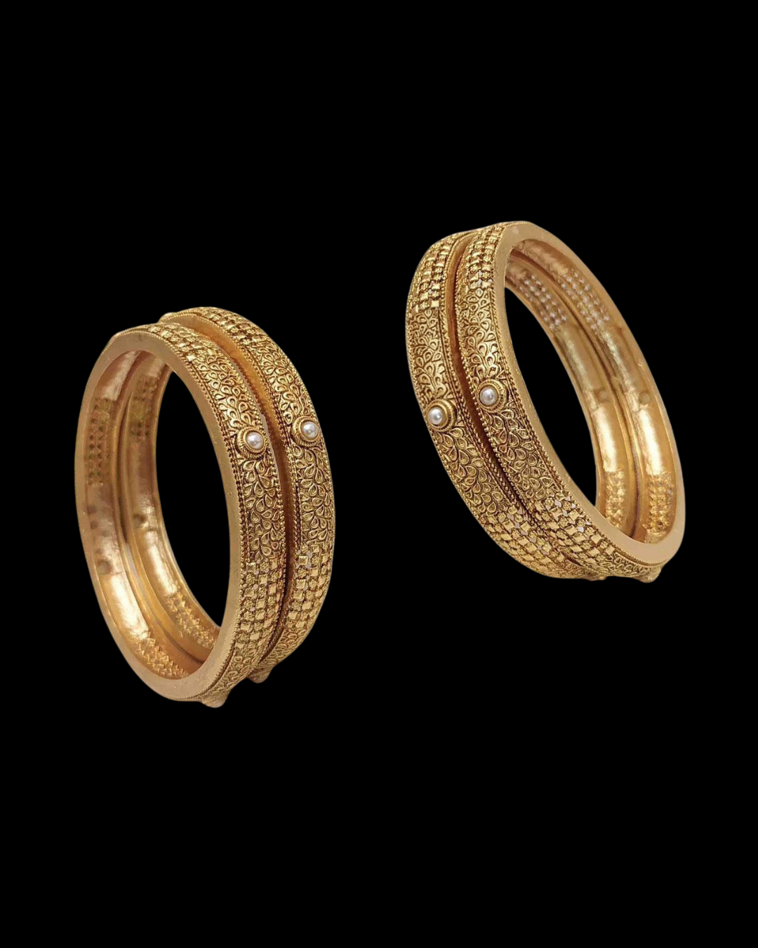 Antique Gold Textured Bangles with Pearl Accents (Pair)