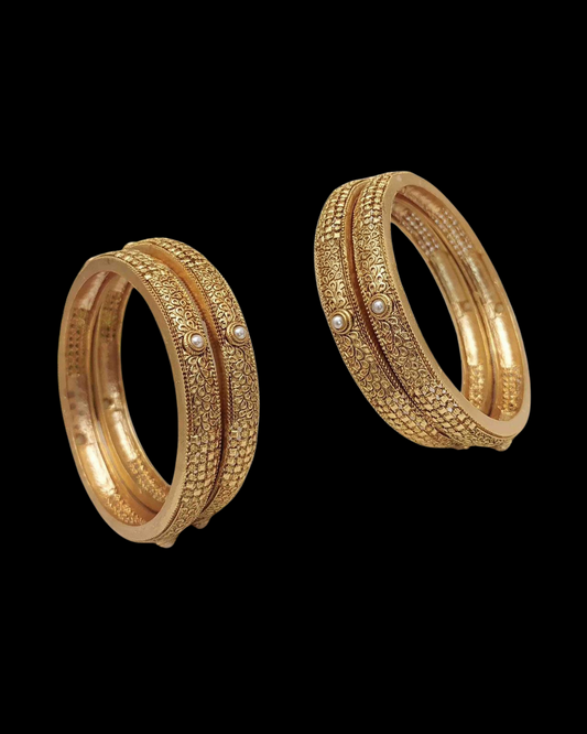 Antique Gold Textured Bangles with Pearl Accents (Pair)