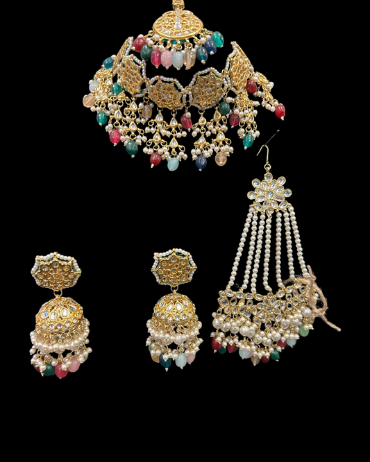 Multicolor Kundan Choker Set with Pearl & Gem Drops (Tikka and Passa included)