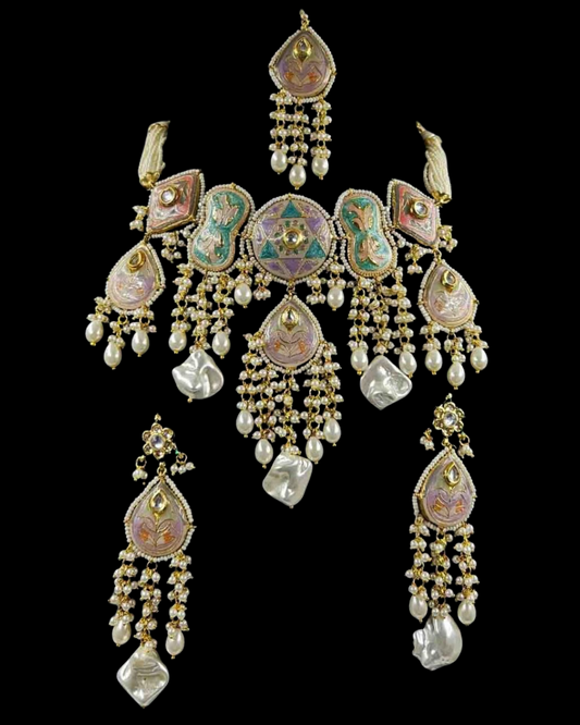 Multicolor Kundan Choker Set with Pearl & Gem Drops Earrings and Tikka