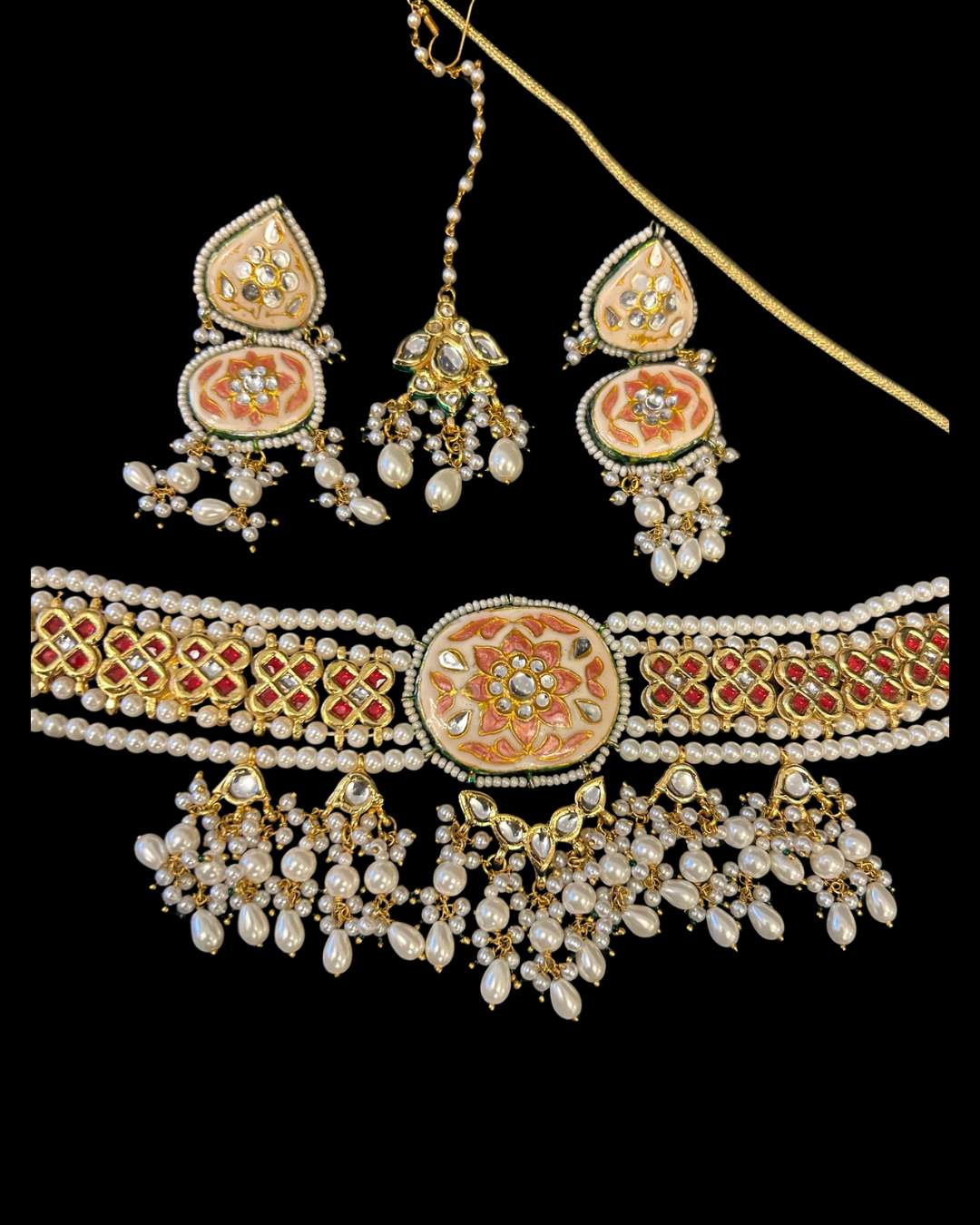 Meenakari Pearl Choker with Earrings & Maang Tikka