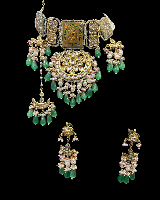 Green Kundan Choker Set with Pearl & Jade Drops