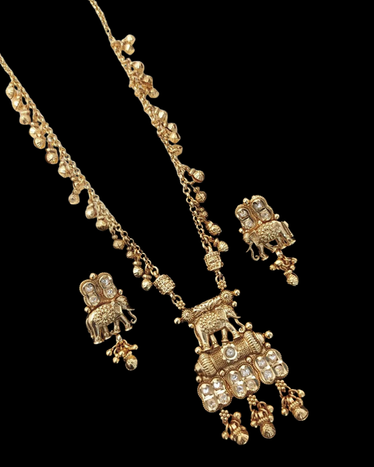 Temple-Style Elephant Motif Necklace Set with Antique Gold Finish