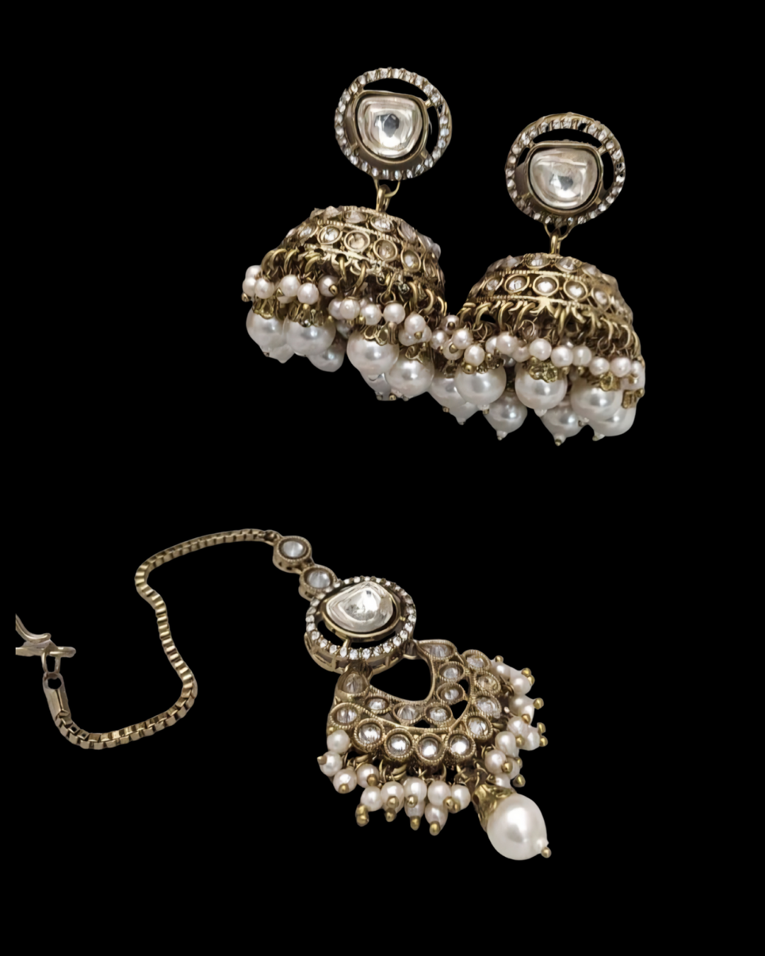 Kundan Pearl Jhumka & Maang Tikka Set