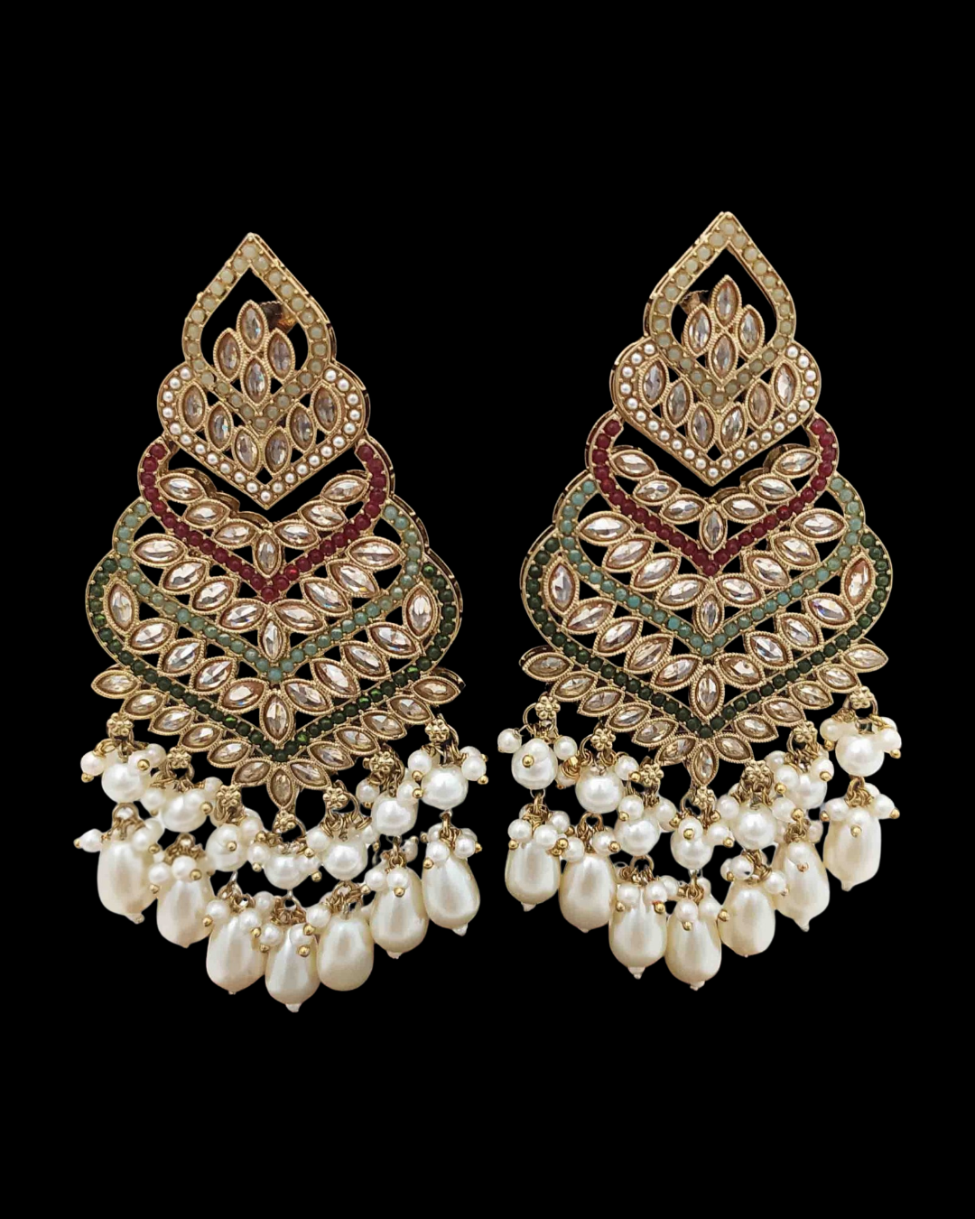 Layered Kundan Pearl Drop Statement Earrings