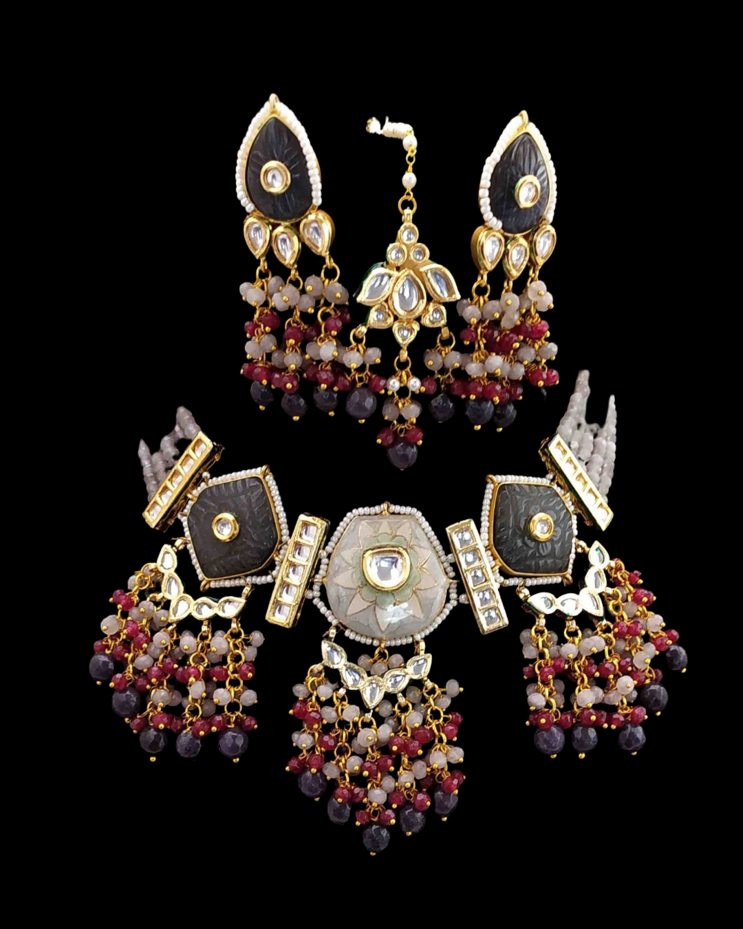 Stone and Meenkari Necklace, Earring & Tikka Set