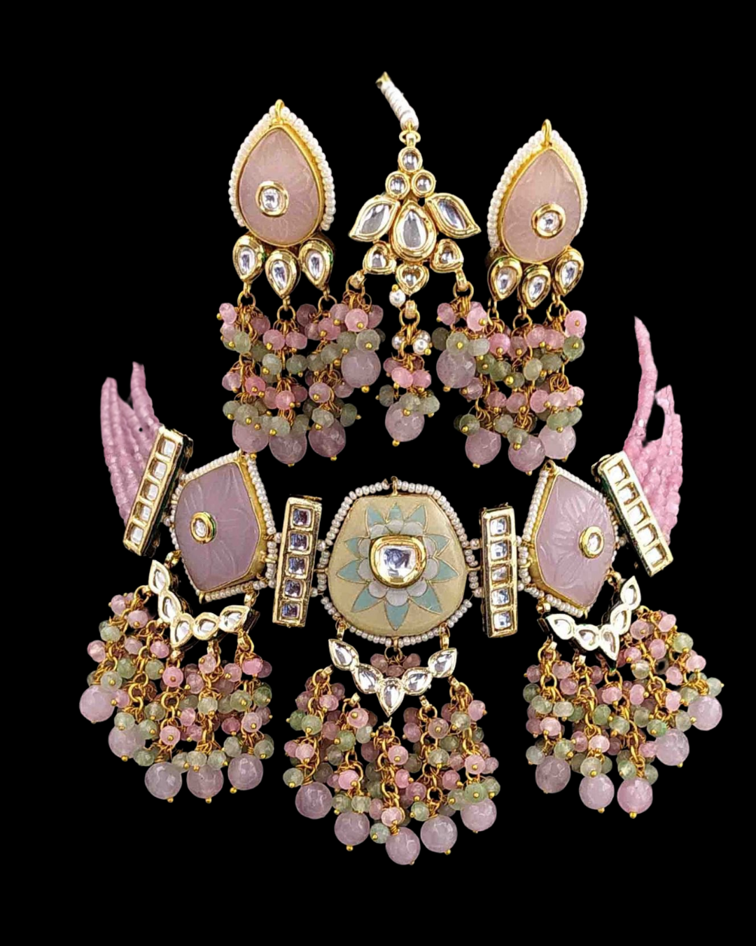 Stone and Meenkari Necklace, Earring & Tikka Set