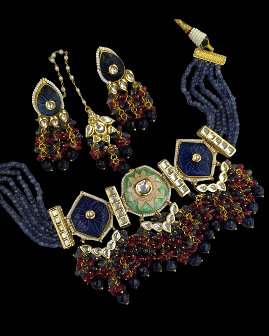 Stone and Meenkari Necklace, Earring & Tikka Set